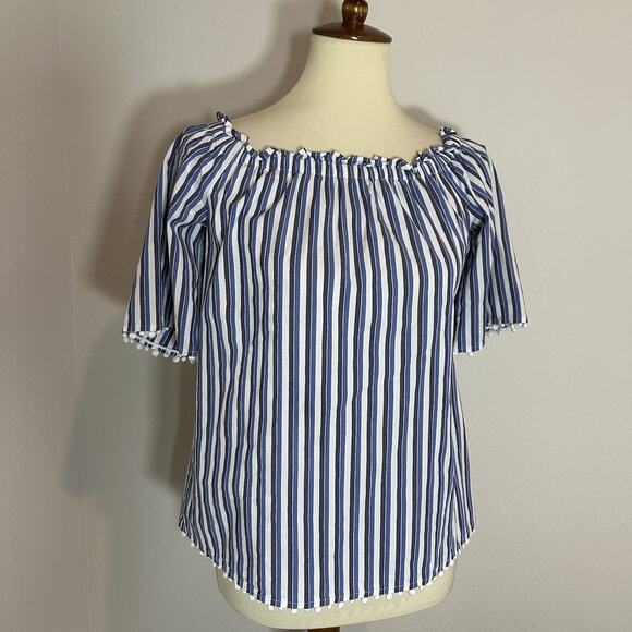 Trina Turk Small Top Sleeveless Blouse Blue Striped Preppy Coastal Poms Coastal - Picture 7 of 12